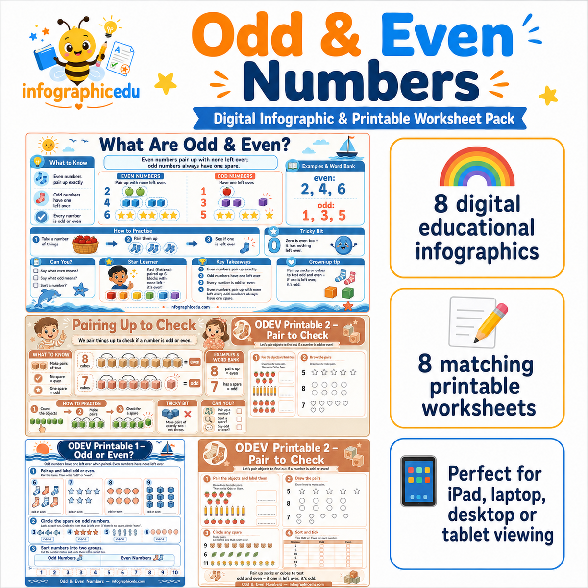 Odd & Even Numbers digital infographic and printable worksheet pack cover