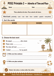 A4 Adverbs of Time and Place printable worksheet for Grade 2 learners ages 7–8