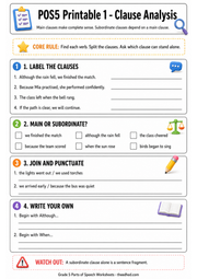 Grade 5 parts of speech Clause Analysis printable worksheet