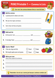 A4 Commas in Lists printable worksheet for Grade 2 punctuation practice