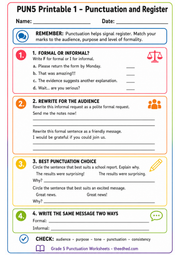 Punctuation and Register printable A4 Grade 5 punctuation worksheet