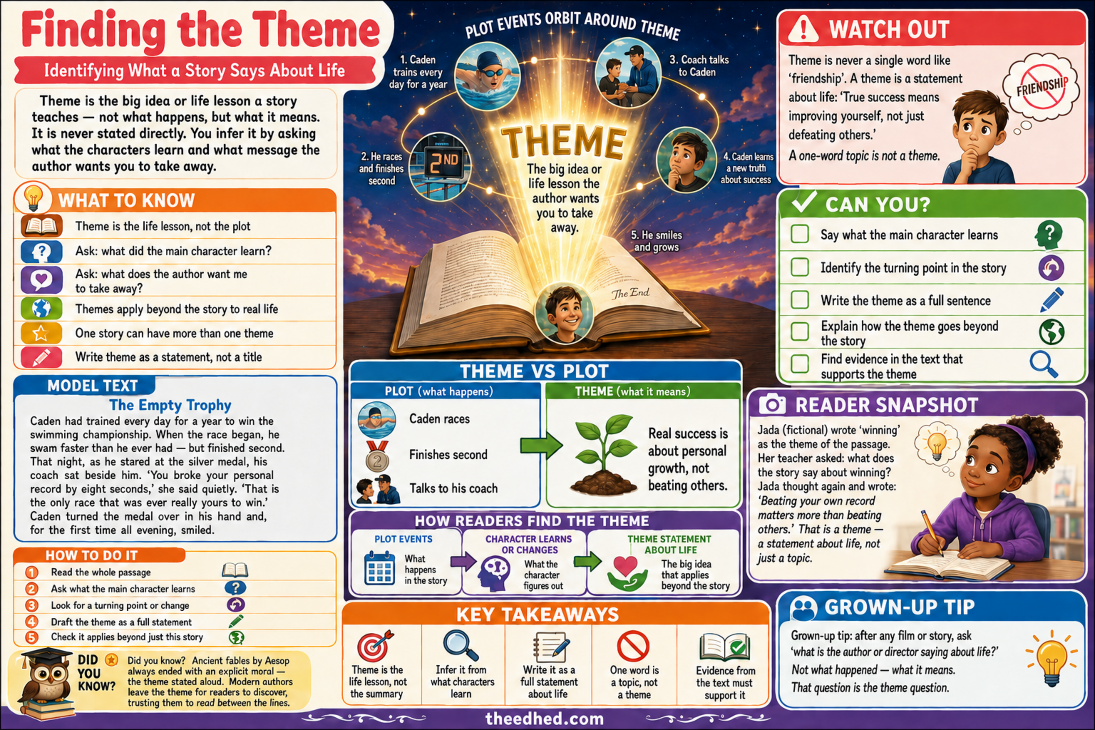 Finding the Theme Grade 4 reading comprehension infographic