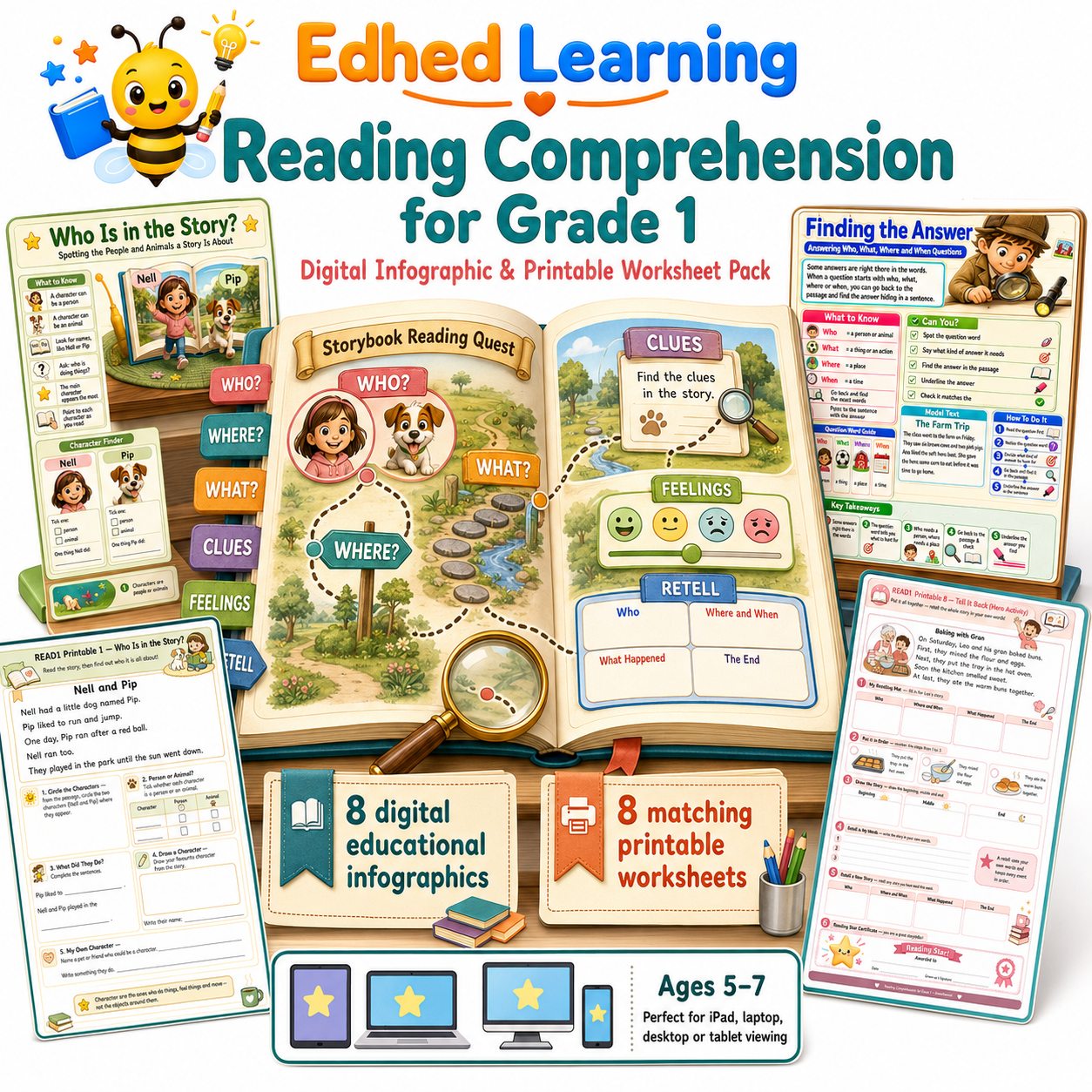 Reading Comprehension for Grade 1 digital infographic and printable worksheet pack