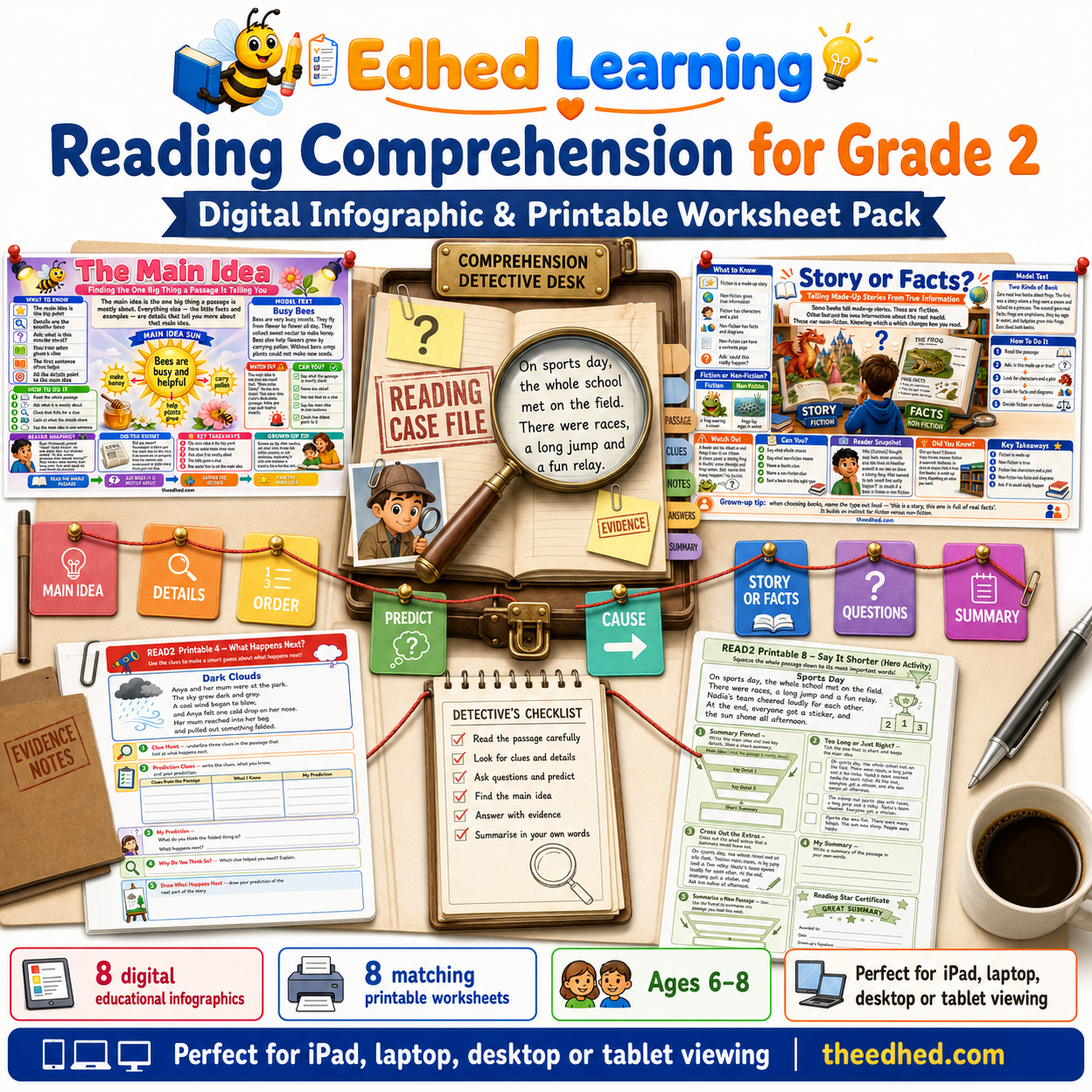 Reading Comprehension for Grade 2 digital infographic and printable worksheet pack for ages 6 to 8