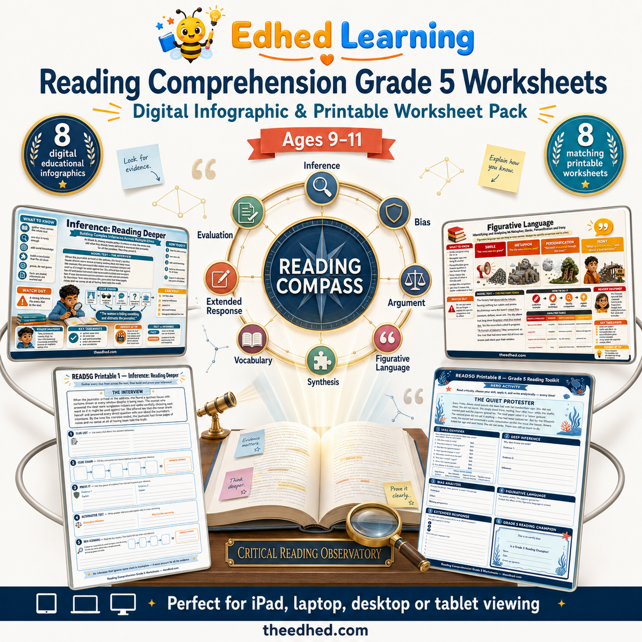 Reading Comprehension Grade 5 digital course cover with 8 infographics and 8 worksheets for ages 9–11
