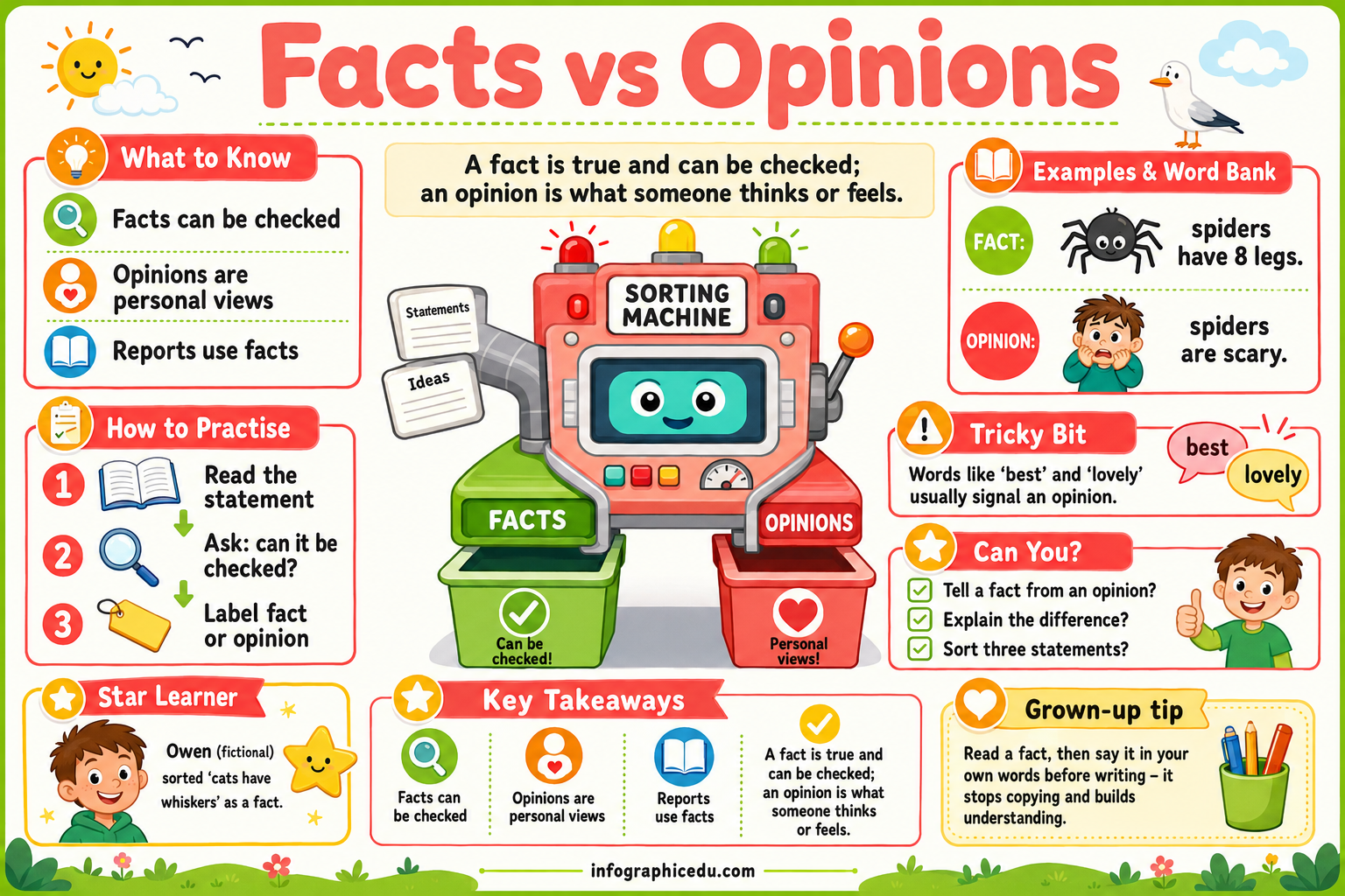 Facts vs Opinions educational infographic for children