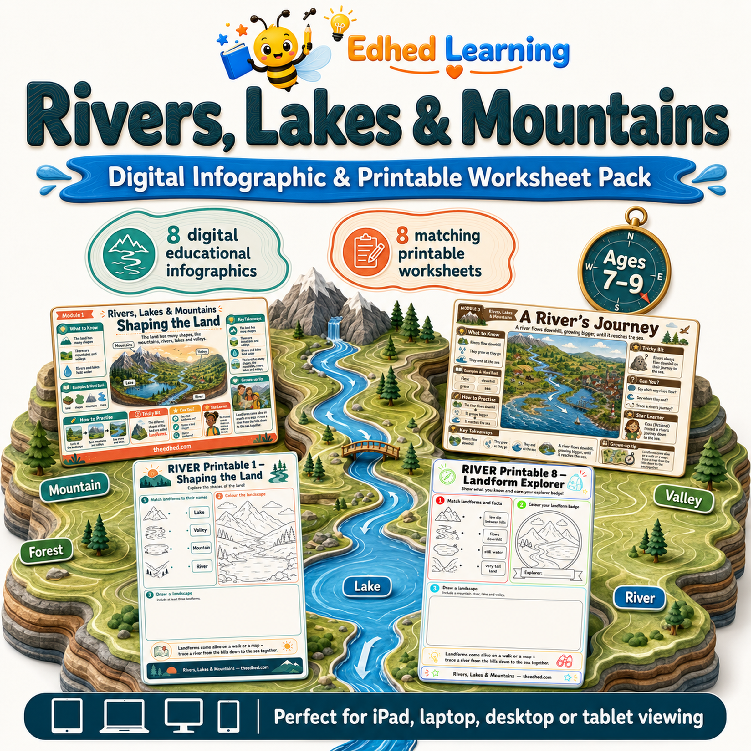 Rivers, Lakes & Mountains digital course main image with infographics and printable worksheets for ages 7–9