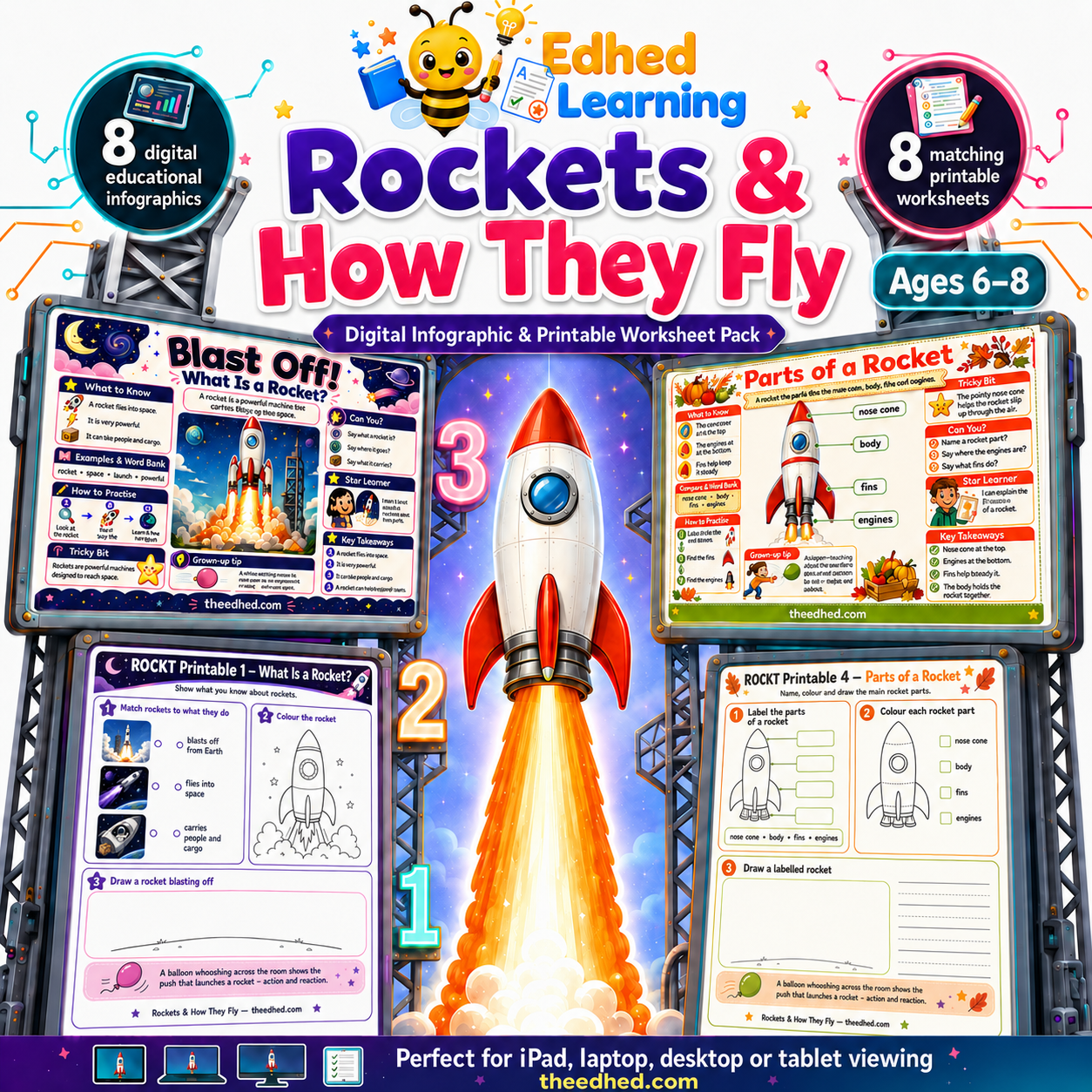 Rockets & How They Fly kids digital course with 8 infographics and 8 printable worksheets