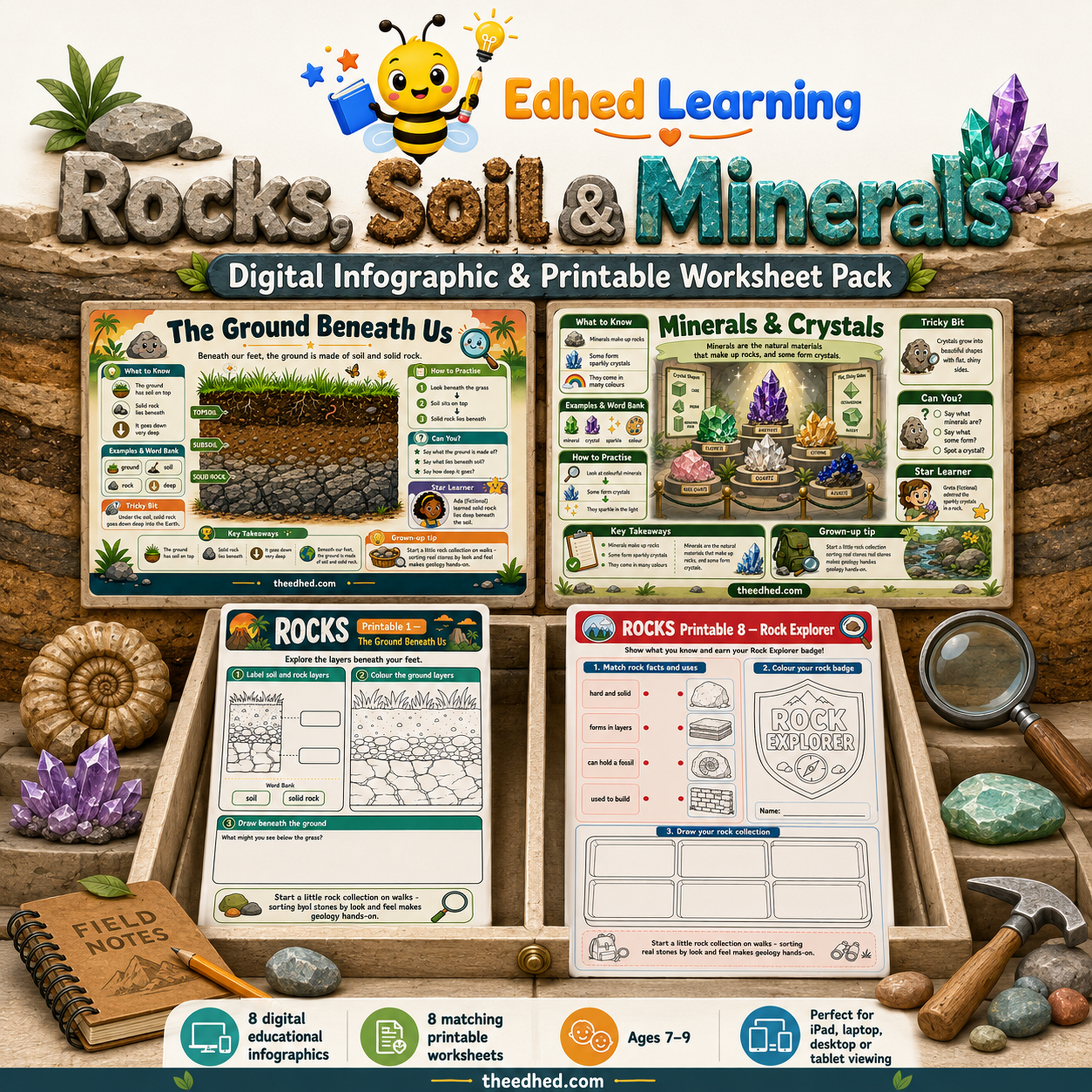 Rocks, Soil & Minerals kids digital course with 8 infographics and 8 printable worksheets for ages 7–9