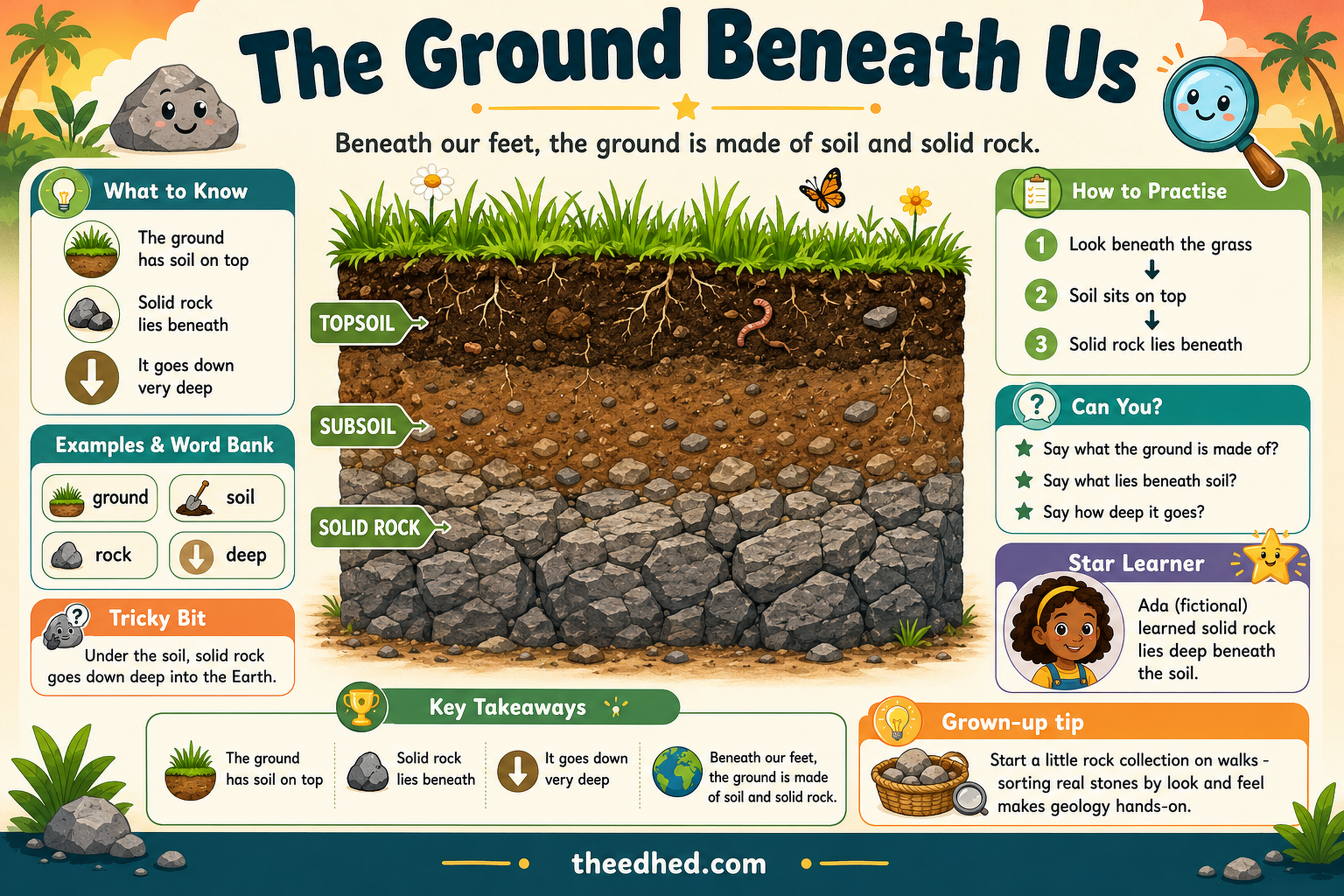 The Ground Beneath Us educational infographic showing soil and solid rock layers