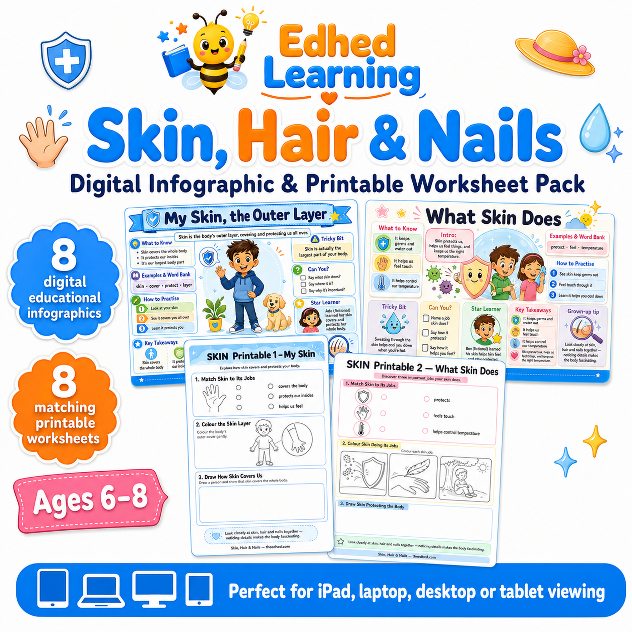 Skin, Hair & Nails digital infographic and printable worksheet pack for ages 6–8