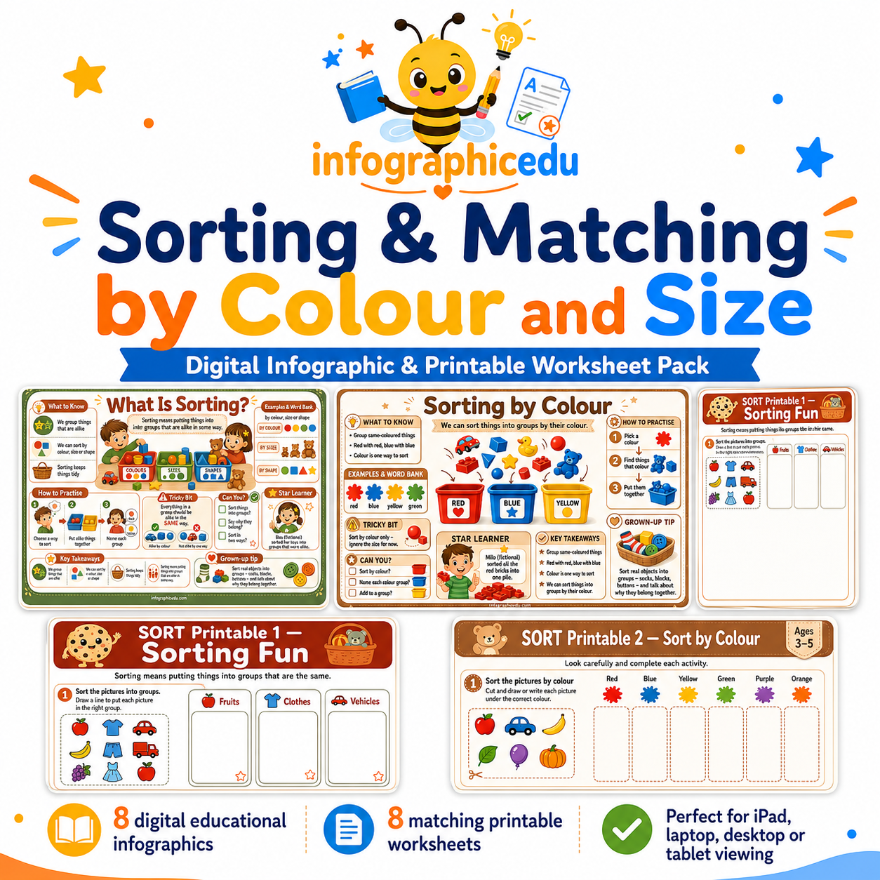 Sorting and Matching by Colour and Size digital infographic and printable worksheet pack cover