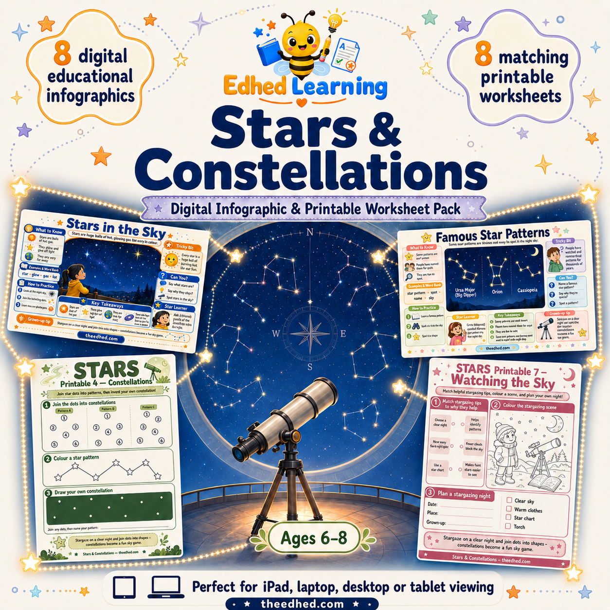 Stars and Constellations kids digital course with 8 infographics and 8 printable worksheets for ages 6 to 8