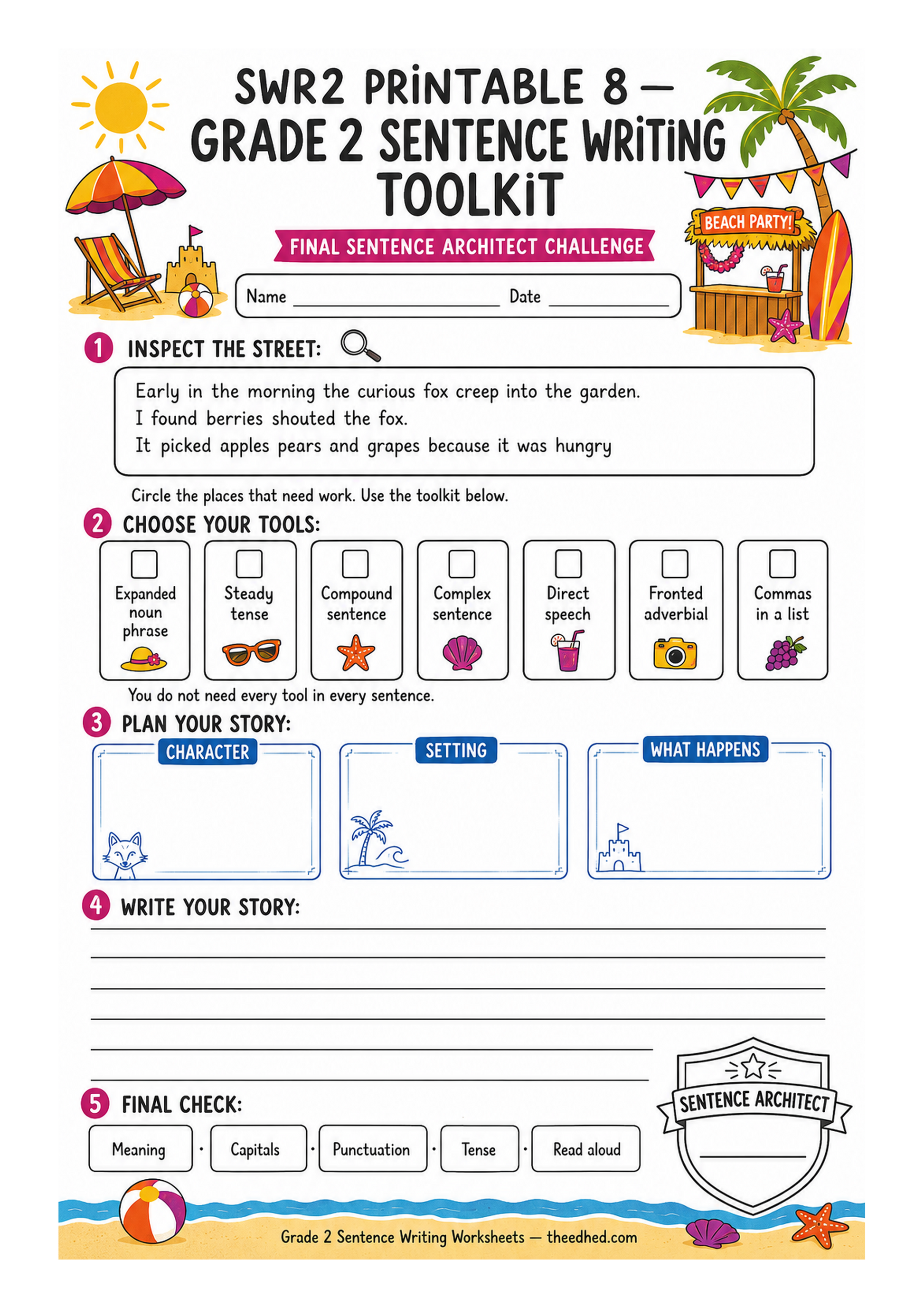 Grade 2 sentence writing toolkit printable worksheet