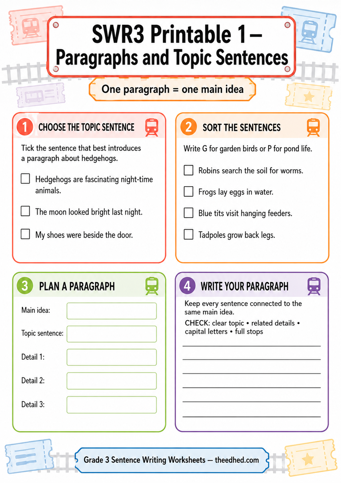 Grade 3 paragraphs and topic sentences printable worksheet