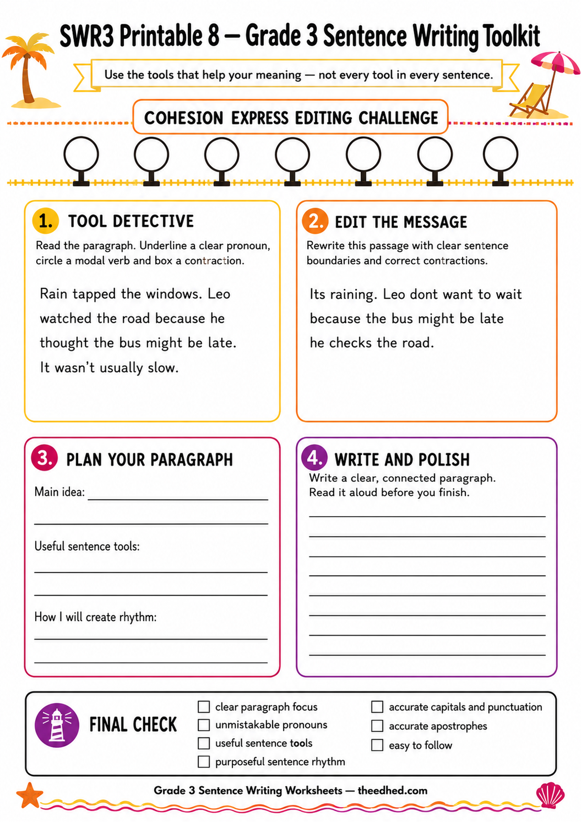 Grade 3 sentence writing toolkit printable worksheet