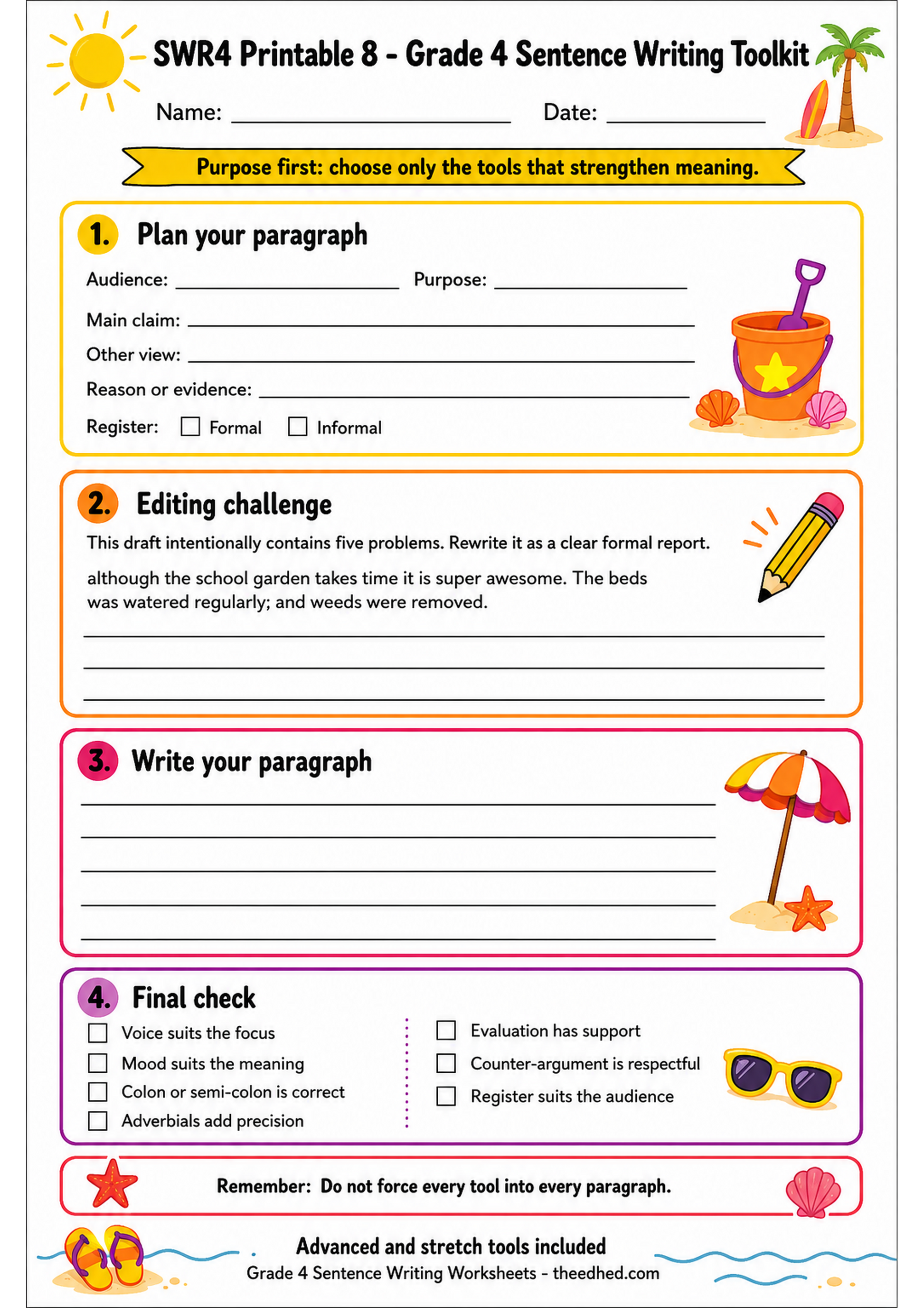 Grade 4 sentence writing toolkit printable worksheet