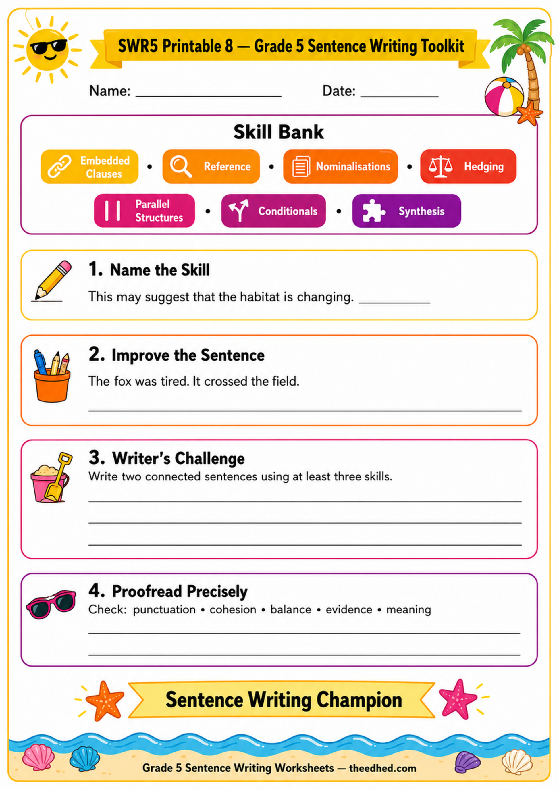 Grade 5 sentence writing toolkit printable worksheet