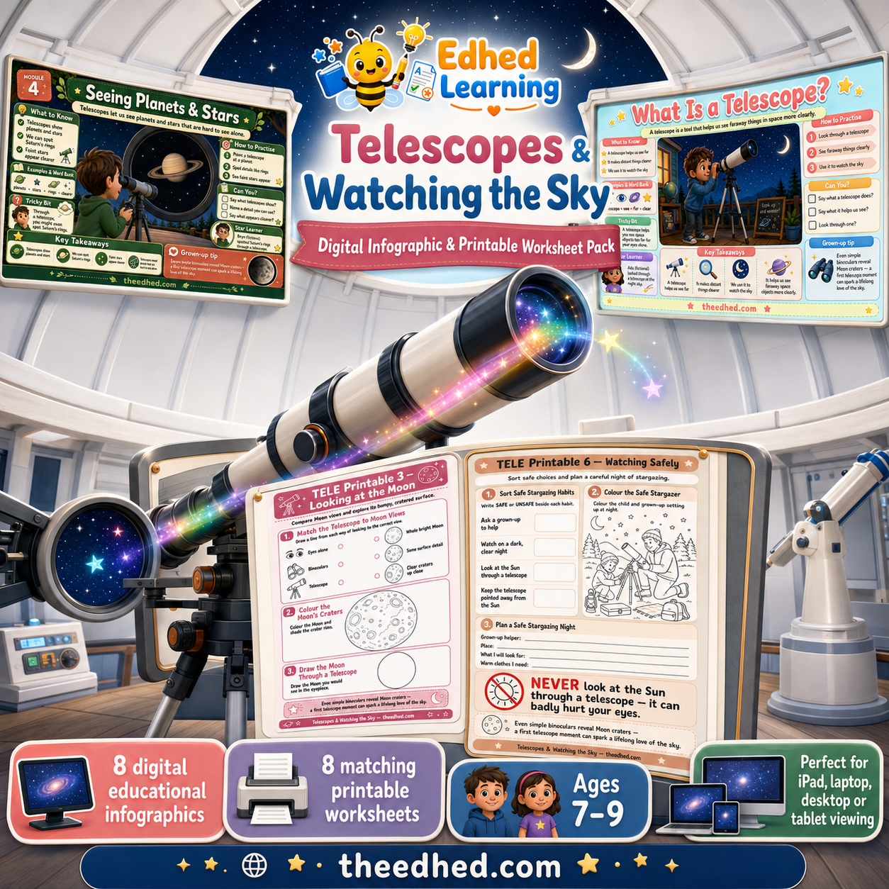 Telescopes and Watching the Sky kids digital course with 8 infographics and 8 printable worksheets