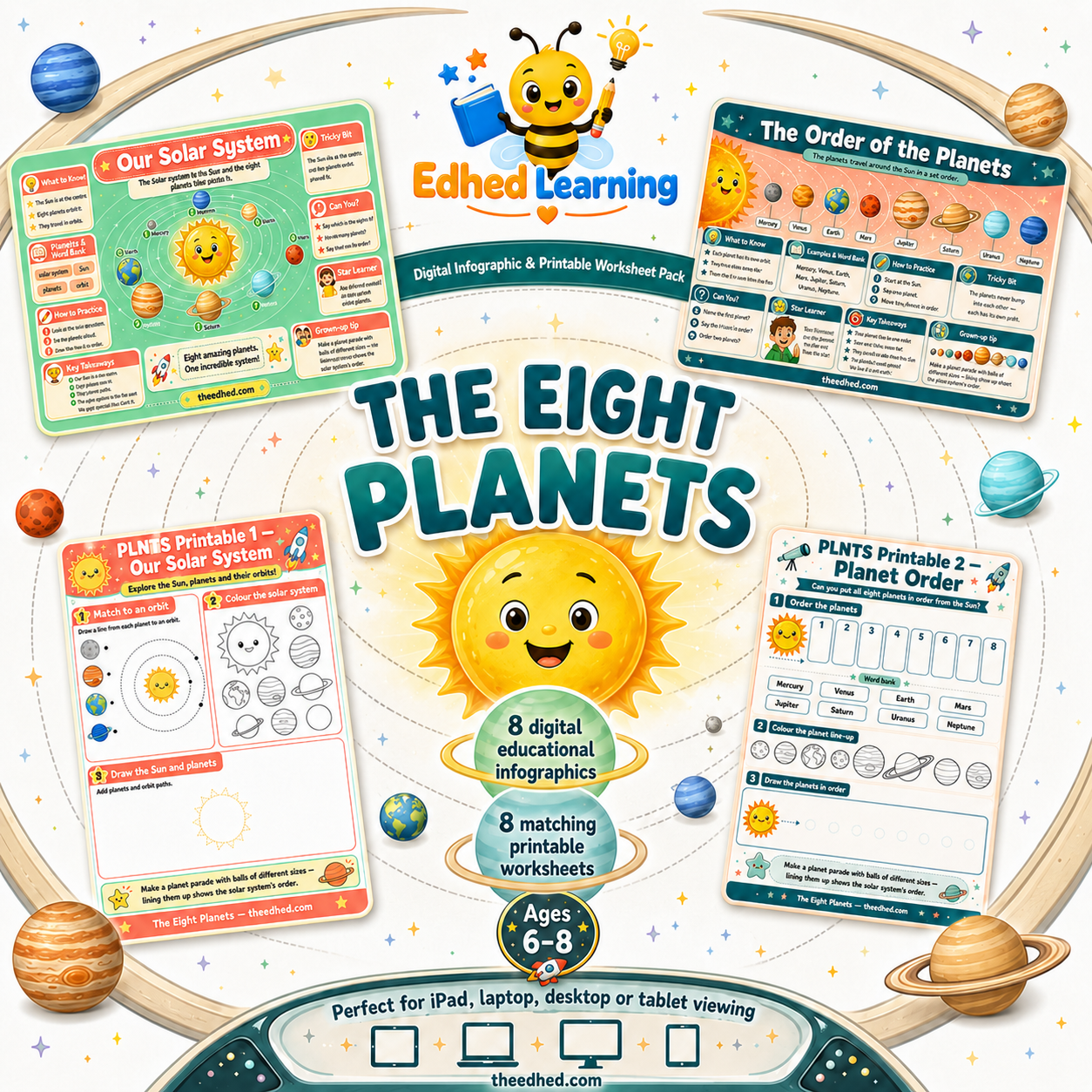 The Eight Planets kids digital course with 8 infographics and 8 printable worksheets for ages 6 to 8