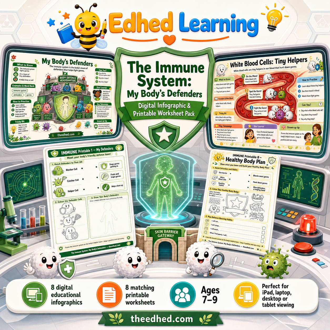 The Immune System My Body's Defenders digital infographic and printable worksheet pack for ages 7 to 9