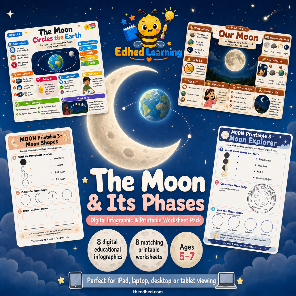 The Moon and Its Phases kids digital infographic and printable worksheet pack, ages 5 to 7