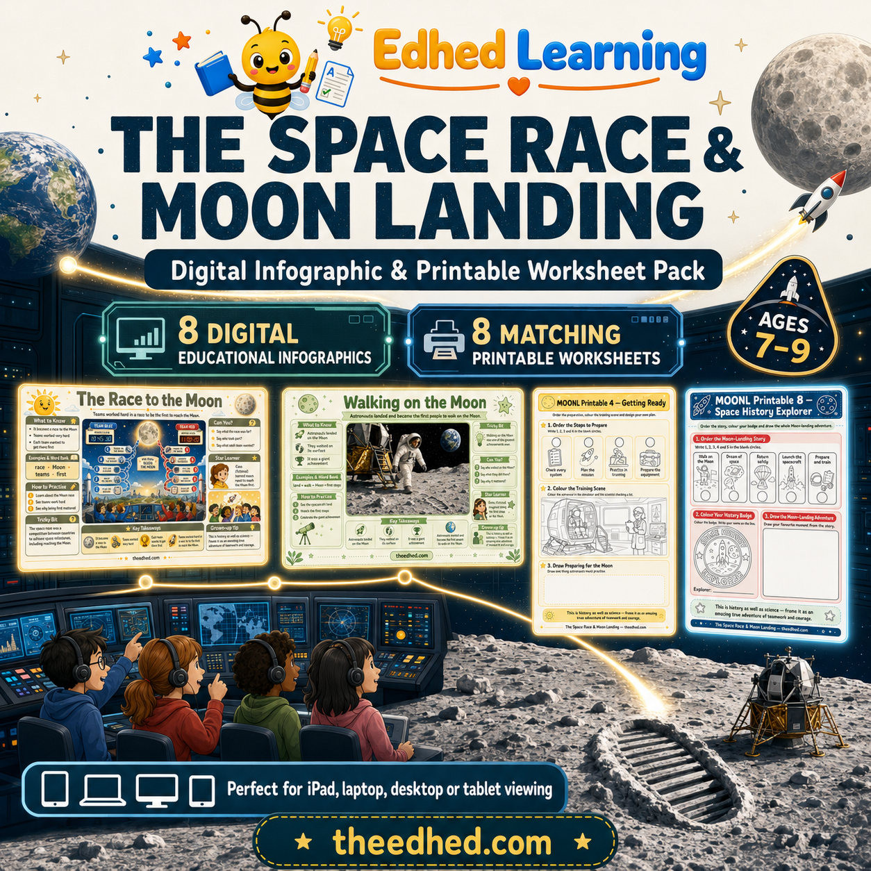 The Space Race and Moon Landing digital infographic and printable worksheet pack for ages 7 to 9