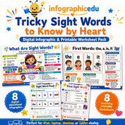Tricky Sight Words to Know by Heart digital infographic and printable worksheet pack