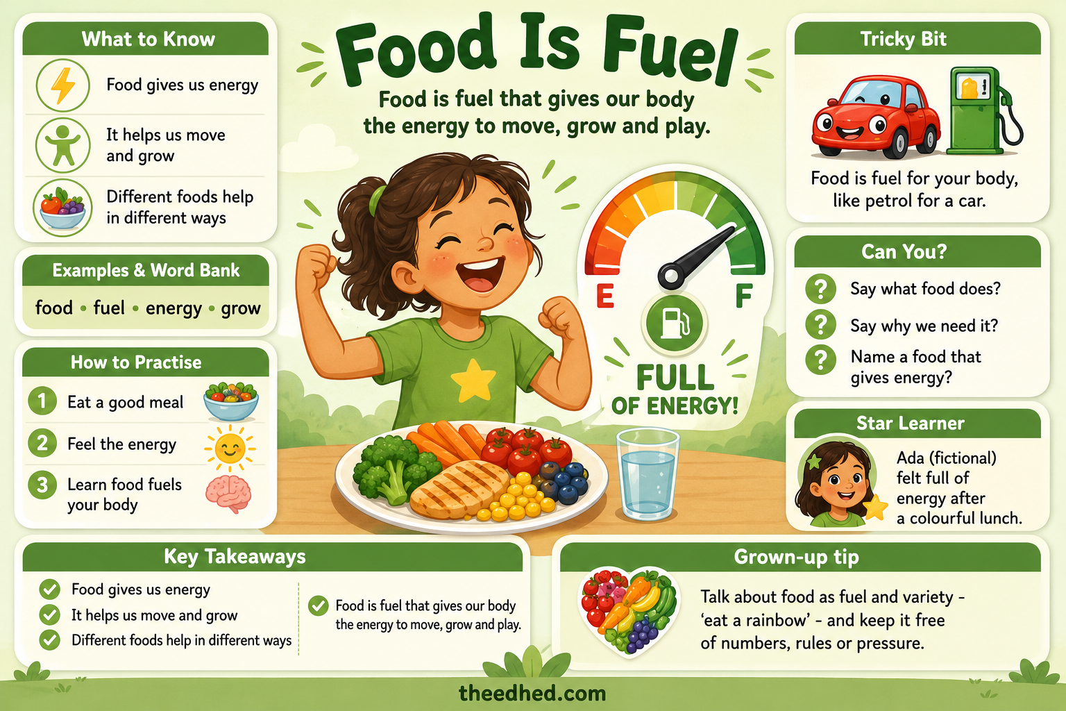 Food Is Fuel educational infographic for children ages 7 to 9