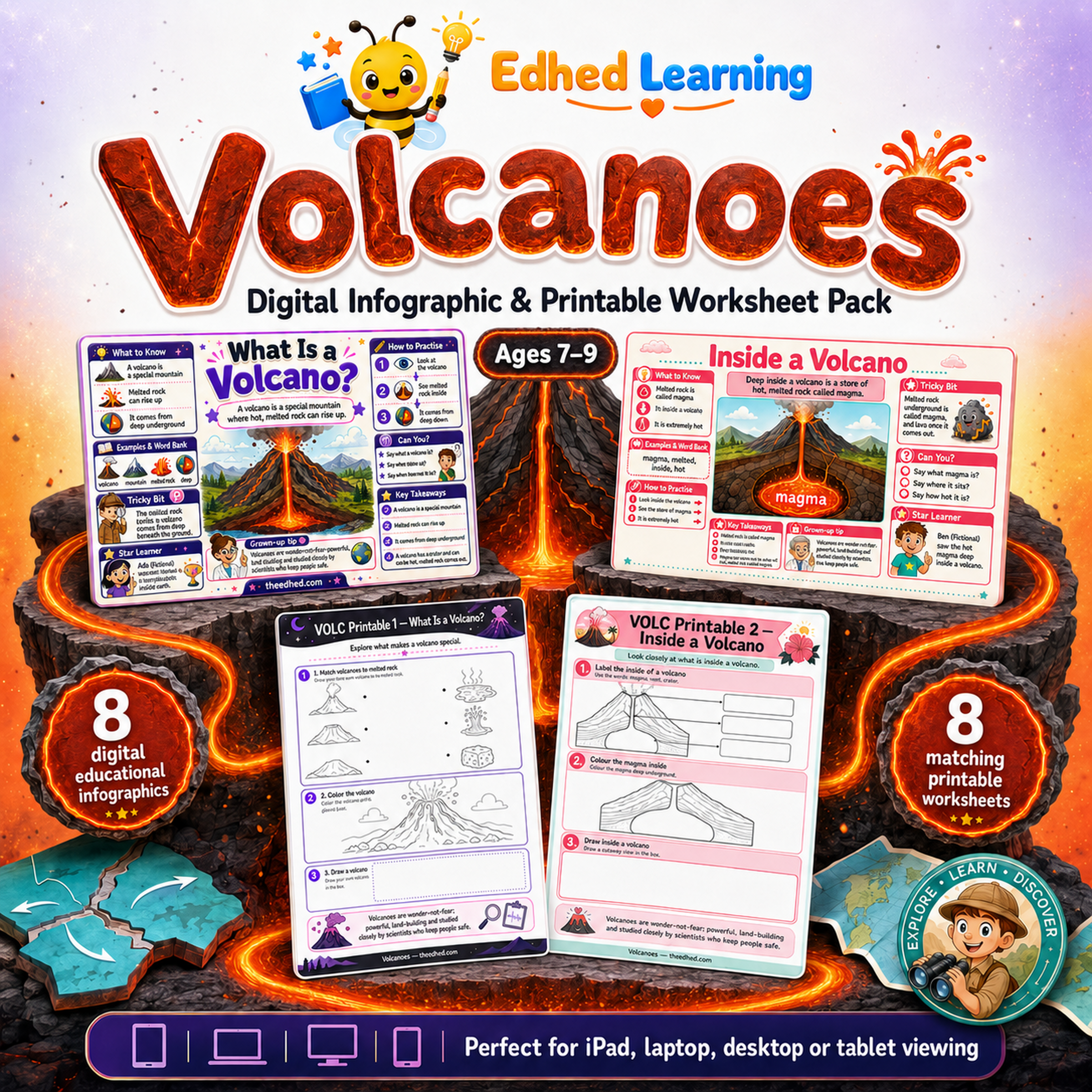 Volcanoes digital course showing 8 educational infographics and 8 printable worksheets for ages 7–9