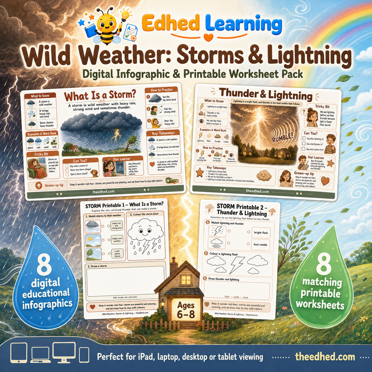 Wild Weather Storms and Lightning digital infographic and printable worksheet pack for ages 6 to 8