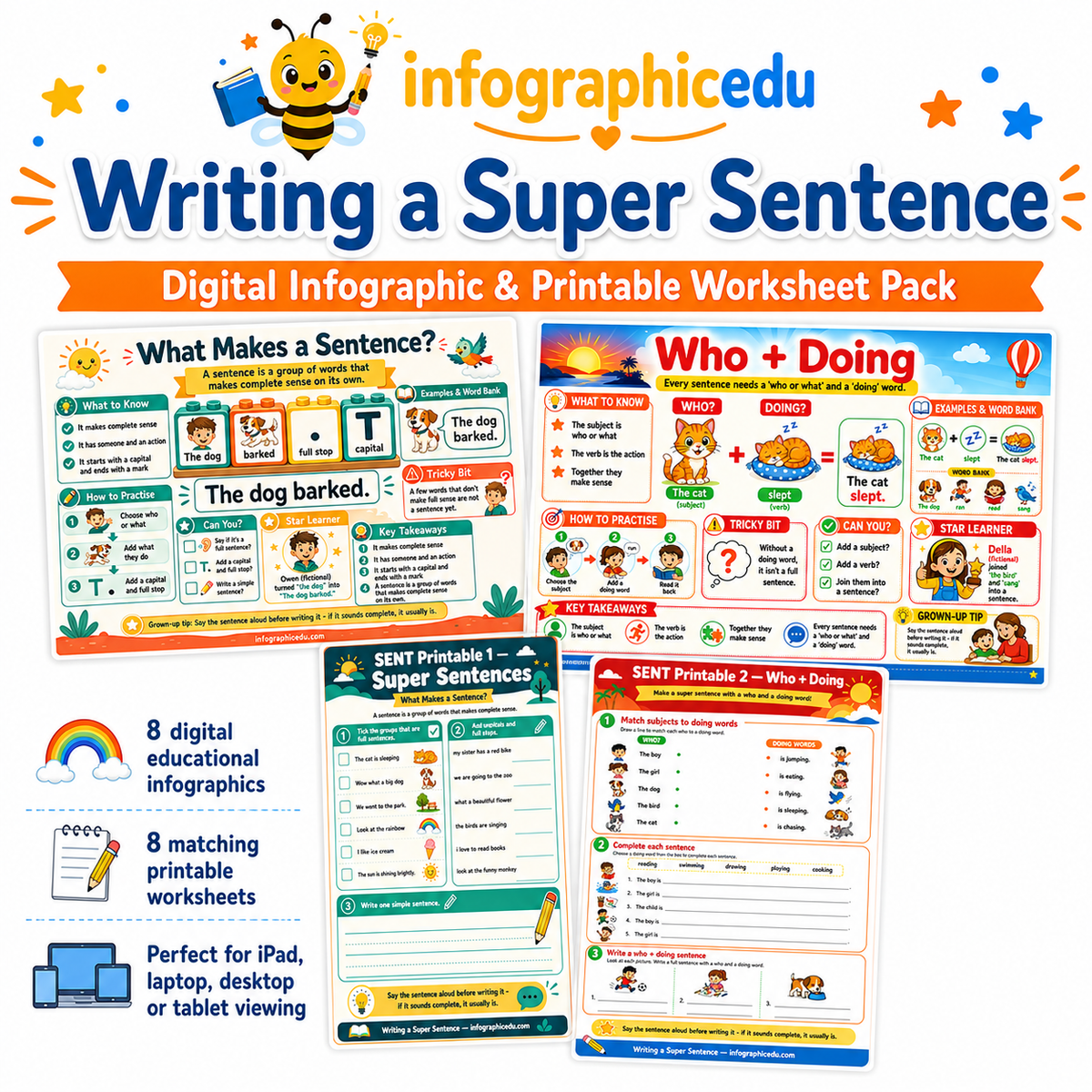 Writing a Super Sentence digital infographic and printable worksheet pack cover