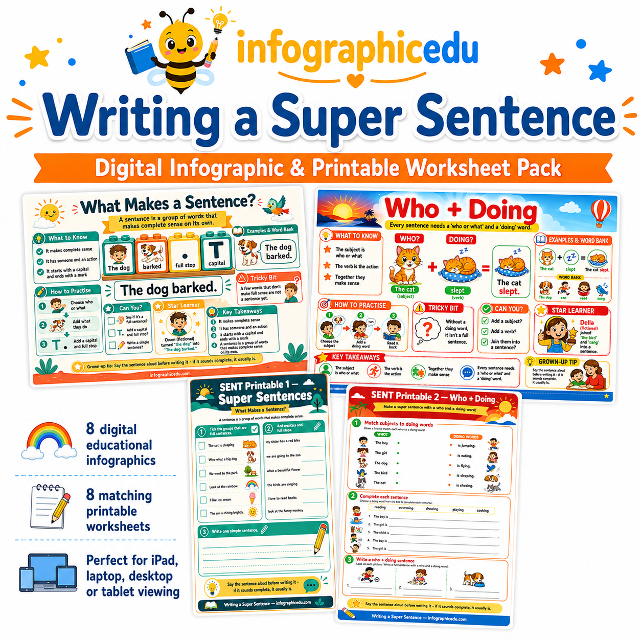 Writing a Super Sentence digital infographic and printable worksheet pack cover